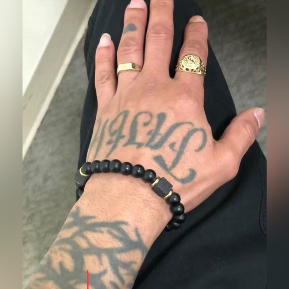 Matte Black Onyx Cubic Lava Stone Beaded Bracelet Stretch Bracelet Men’s NWT - Picture 3 of 10